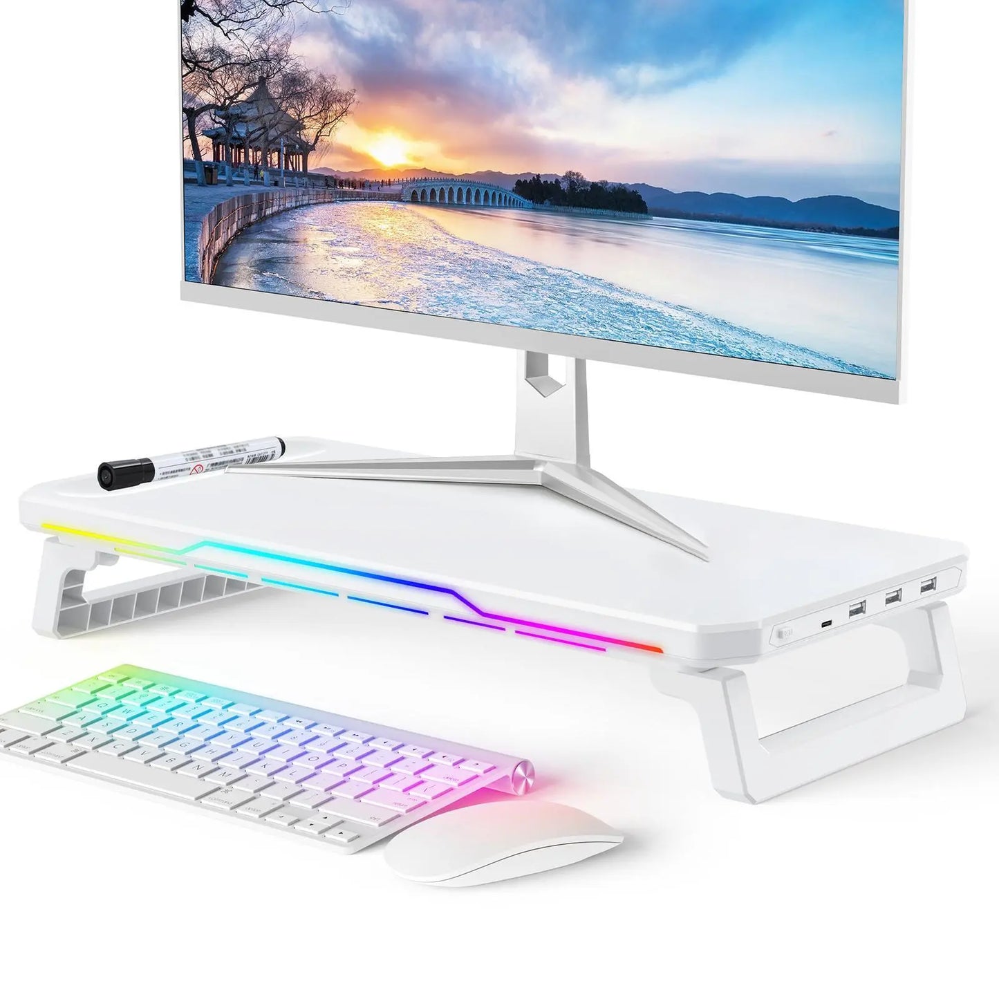 Monitor Stand with RGB Light, Monitor Riser with Keyboard Holder, Desktop Computer Stand, Desktop Storage Stand for Home Office, Dual Monitor Riser, Screen Stand
