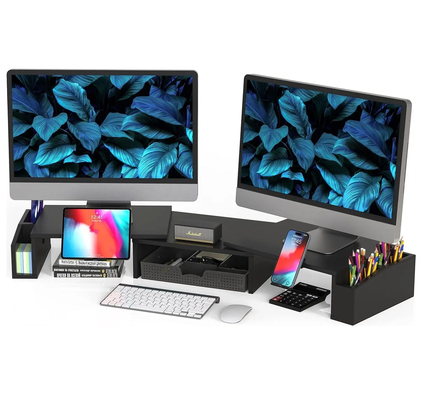 Desk Dual Monitor Stand Riser with Drawer Side Caddies and Ipad/Phone Holder