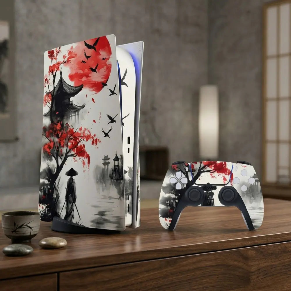 For PS5 & PS5 Slim All Models Console & Controller Skin Set - Crimson Sun Samurai Ink Art Theme | Premium Vinyl Wrap, Anti-Scratch, Console Accessories