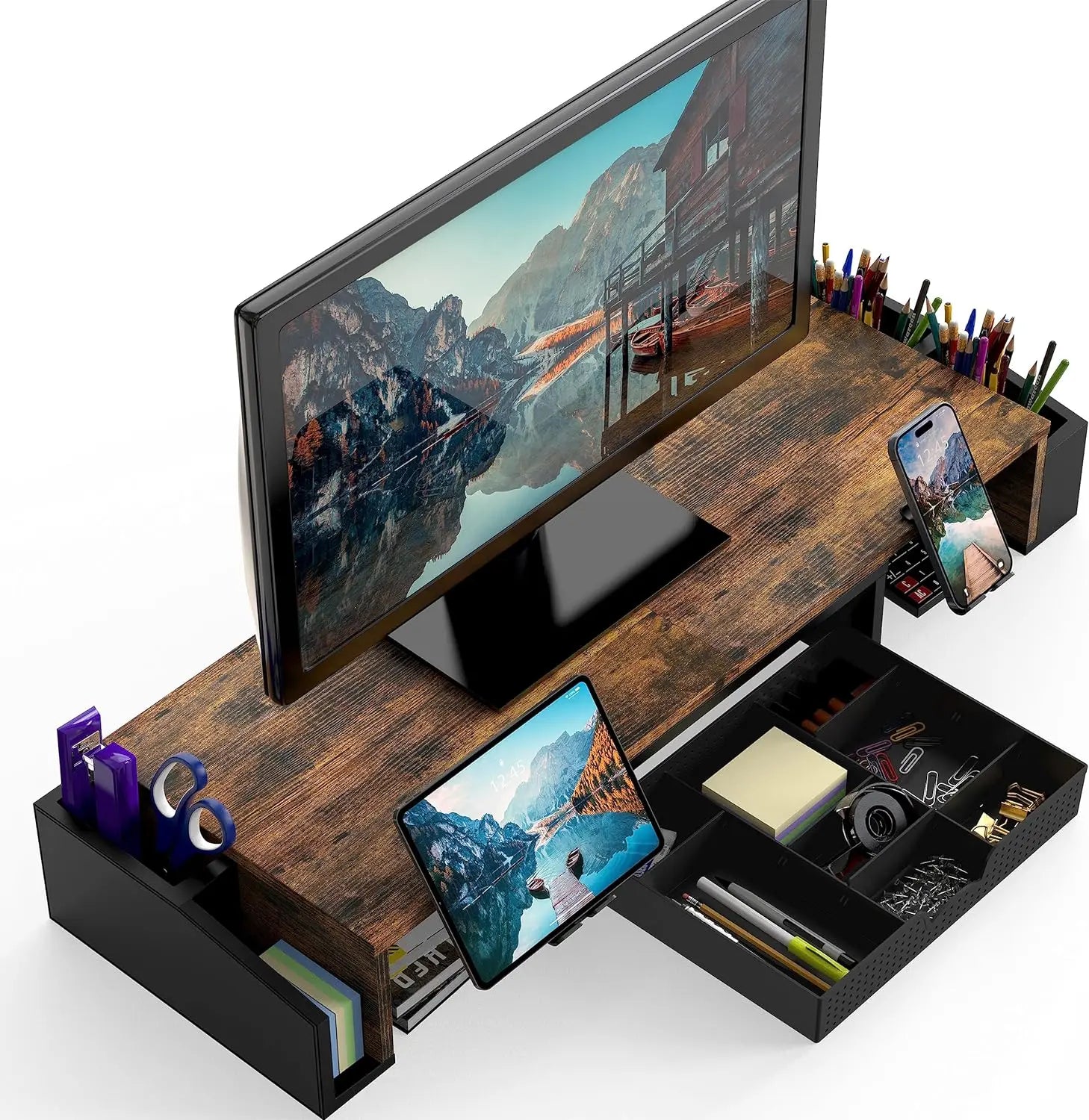 Desk Dual Monitor Stand Riser with Drawer Side Caddies and Ipad/Phone Holder