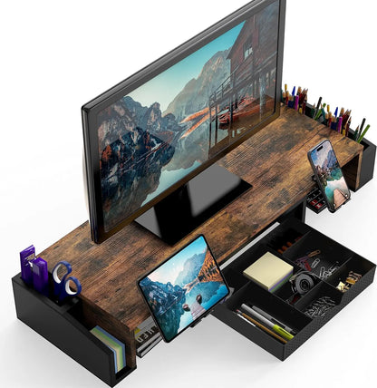 Desk Dual Monitor Stand Riser with Drawer Side Caddies and Ipad/Phone Holder