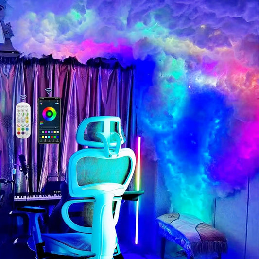 3D Thundercloud LED Light with cotton cloud cover, LED strip lighting, and hanging ceiling design for bedroom or gaming room decor