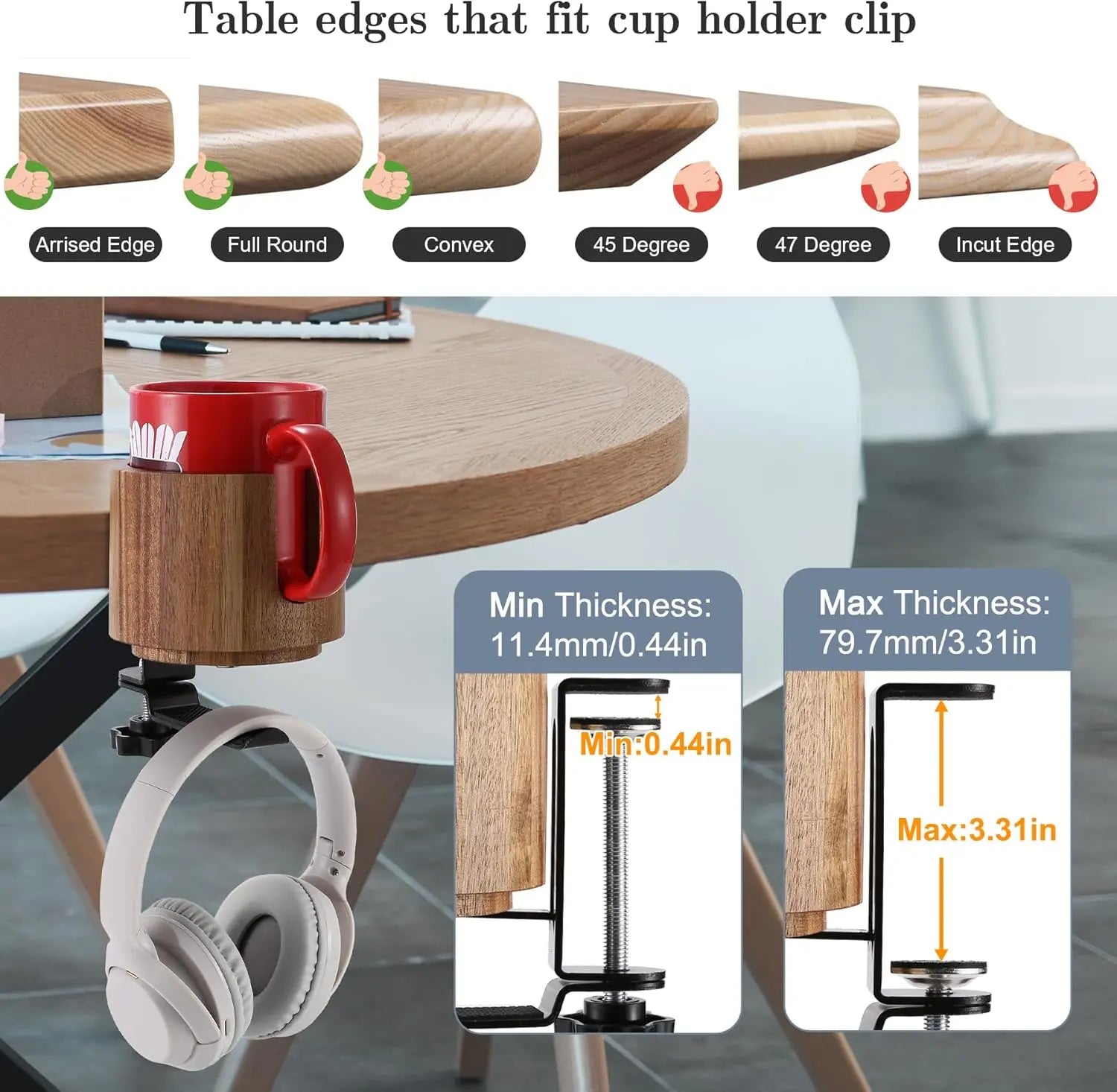 Desk Cup Holder, 2 in 1, 360 Rotating Headphone Hanger under Desk,