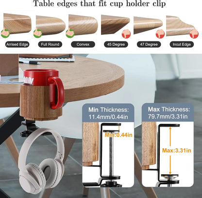 Desk Cup Holder, 2 in 1, 360 Rotating Headphone Hanger under Desk,