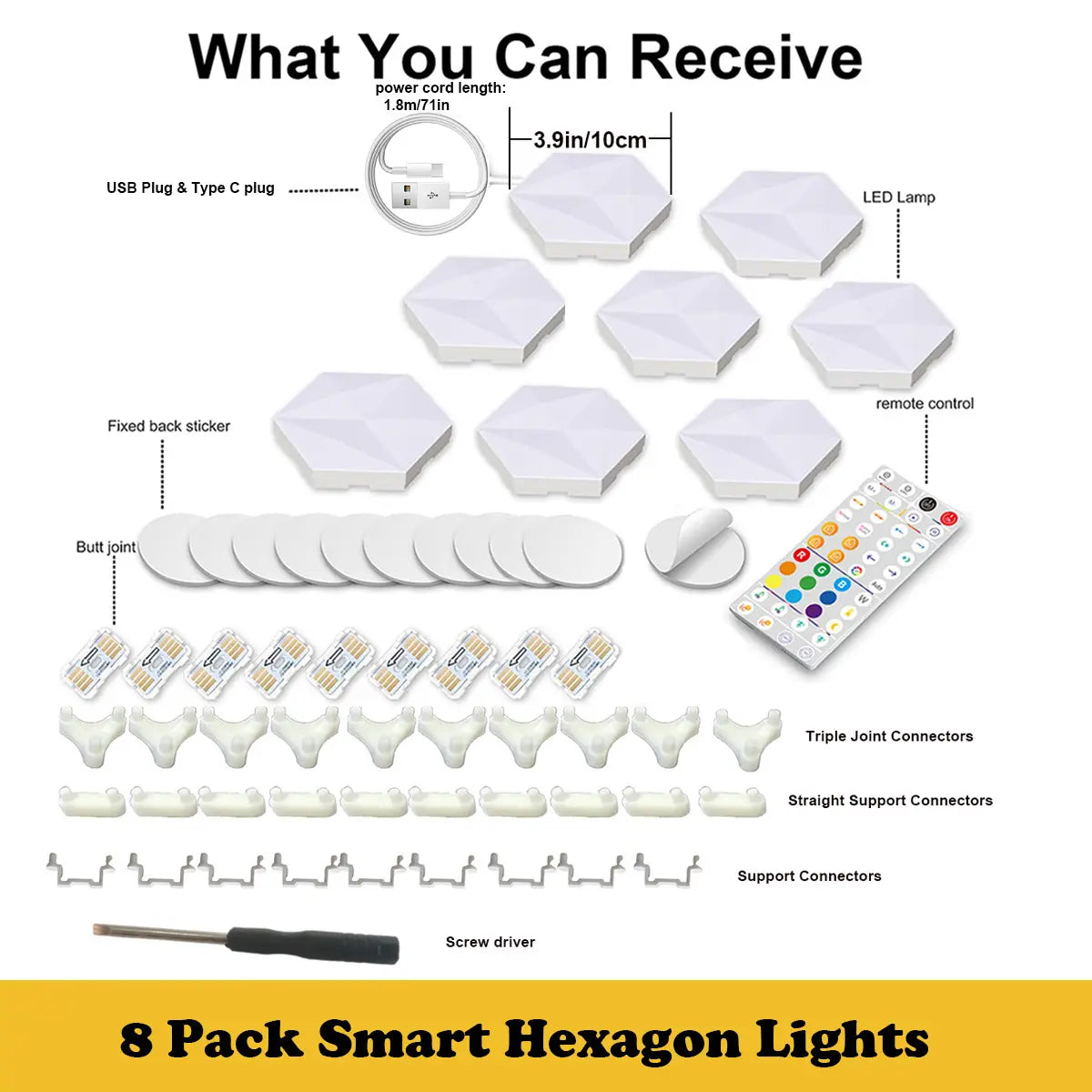 Smart Hexagon Lights DIY 8Pack LED Light App & Remote Controlled Music Sync