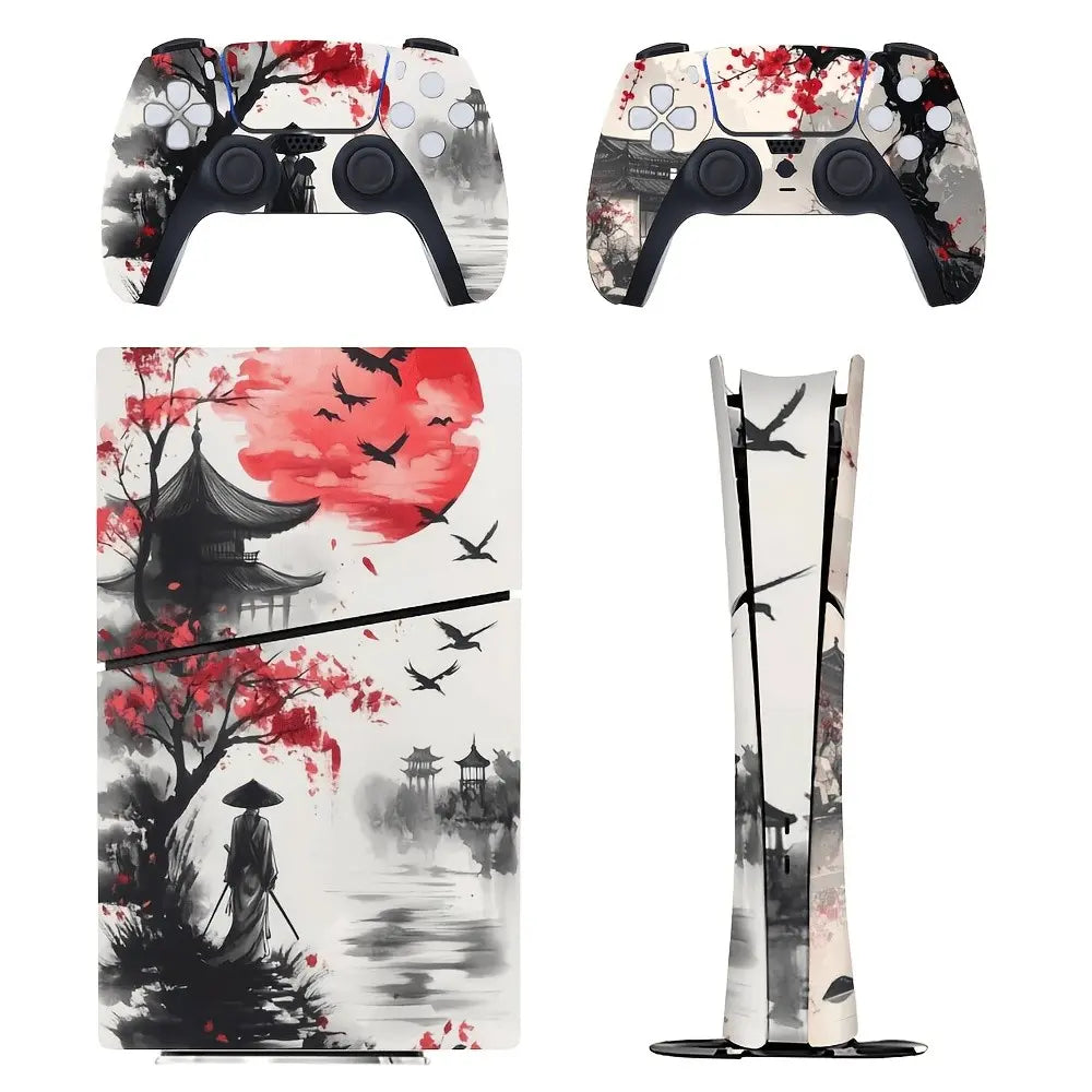 For PS5 & PS5 Slim All Models Console & Controller Skin Set - Crimson Sun Samurai Ink Art Theme | Premium Vinyl Wrap, Anti-Scratch, Console Accessories