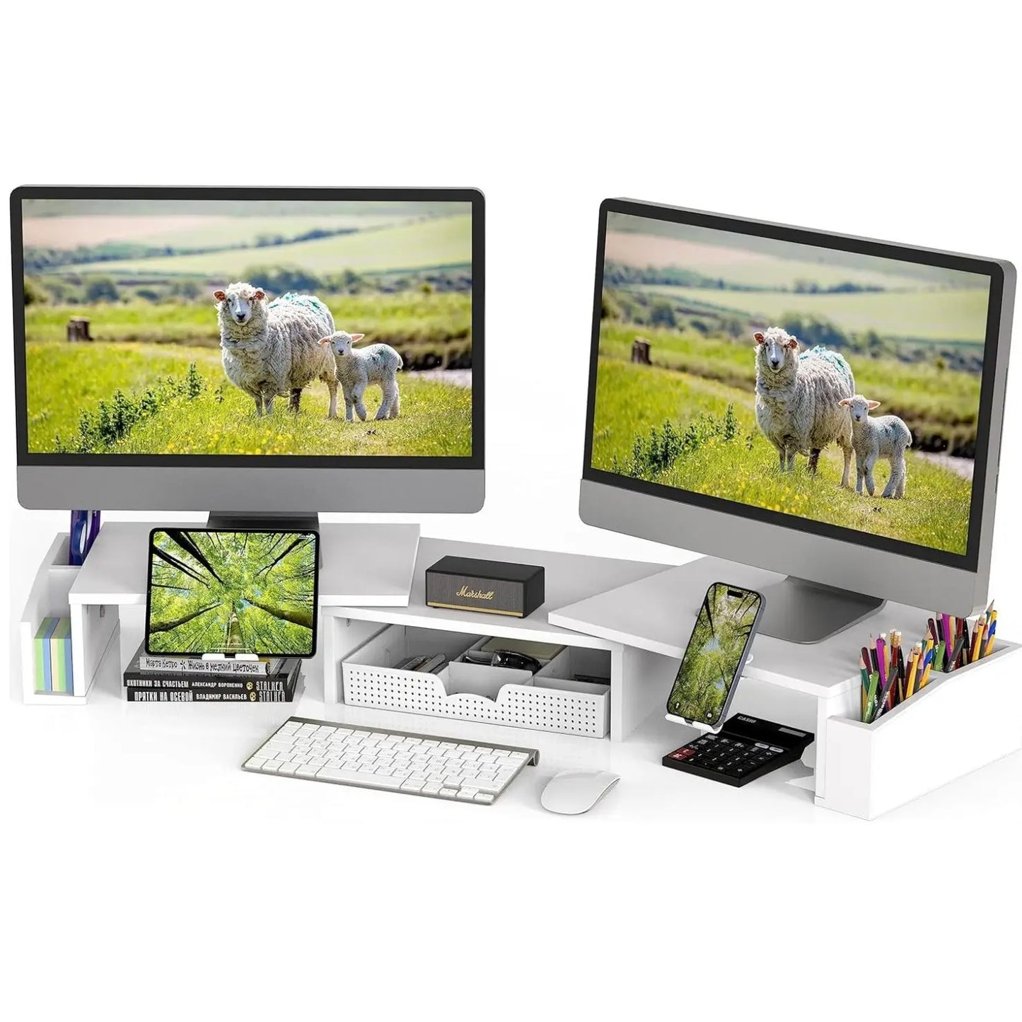 Desk Dual Monitor Stand Riser with Drawer Side Caddies and Ipad/Phone Holder