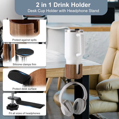 Desk Cup Holder, 2 in 1, 360 Rotating Headphone Hanger under Desk,