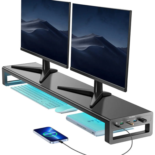 Dual Monitor Stand Aluminum Monitor Riser with Wireless Charging and 4 USB 3.0 Hub Ports 