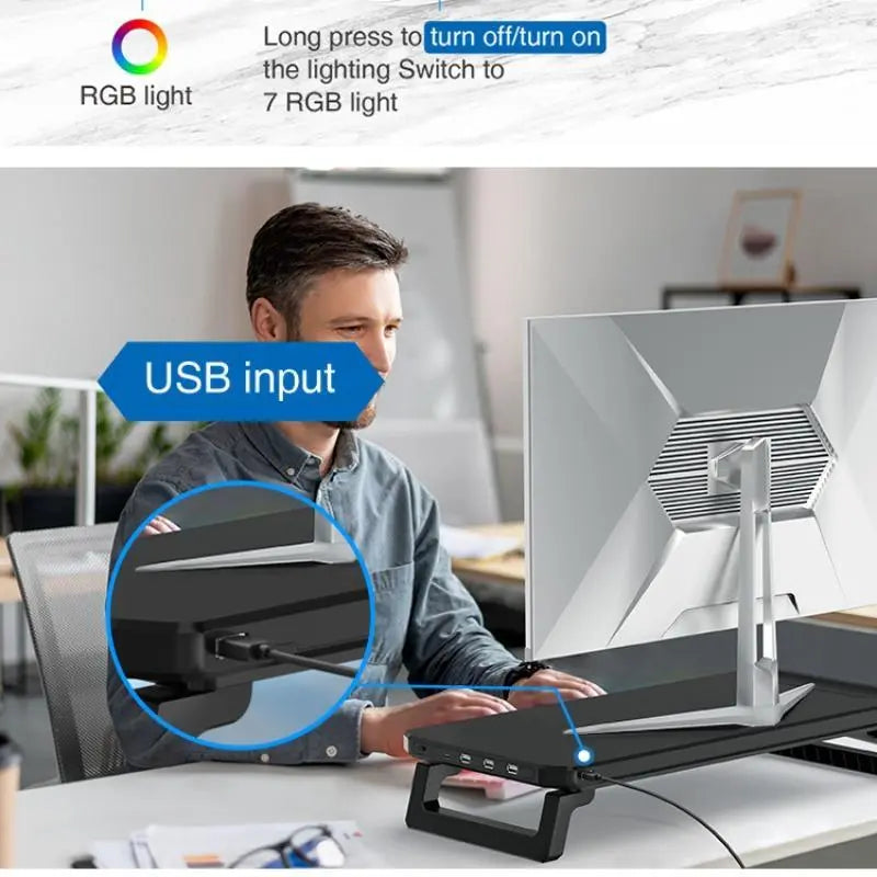 Monitor Stand with RGB Light, Monitor Riser with Keyboard Holder, Desktop Computer Stand, Desktop Storage Stand for Home Office, Dual Monitor Riser, Screen Stand