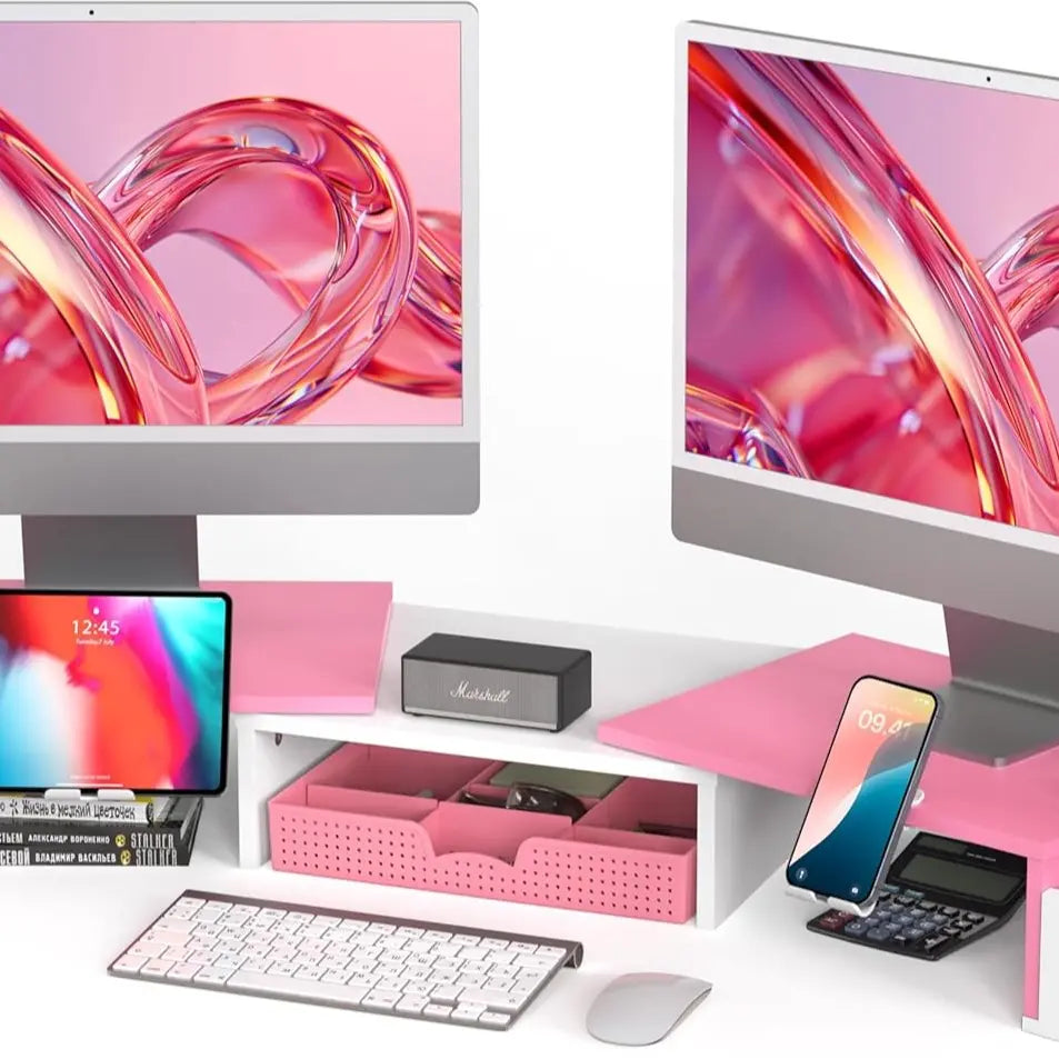 Desk Dual Monitor Stand Riser with Drawer Side Caddies and Ipad/Phone Holder
