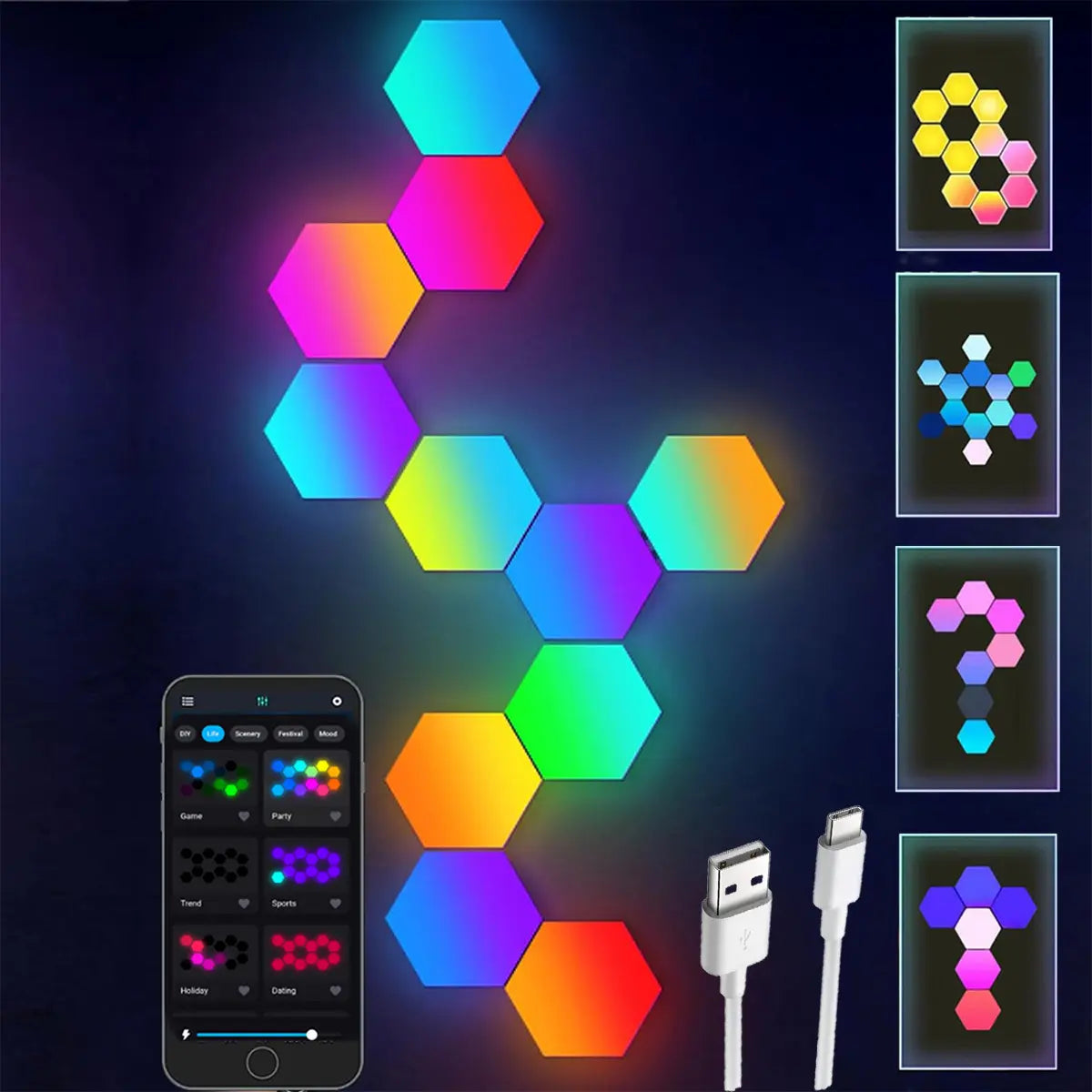 Smart Hexagon Lights DIY 8Pack LED Light App & Remote Controlled Music Sync