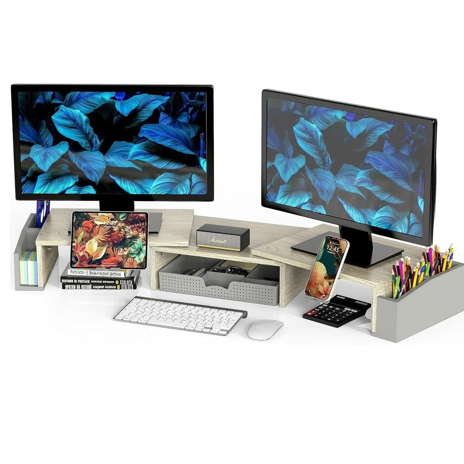 Desk Dual Monitor Stand Riser with Drawer Side Caddies and Ipad/Phone Holder