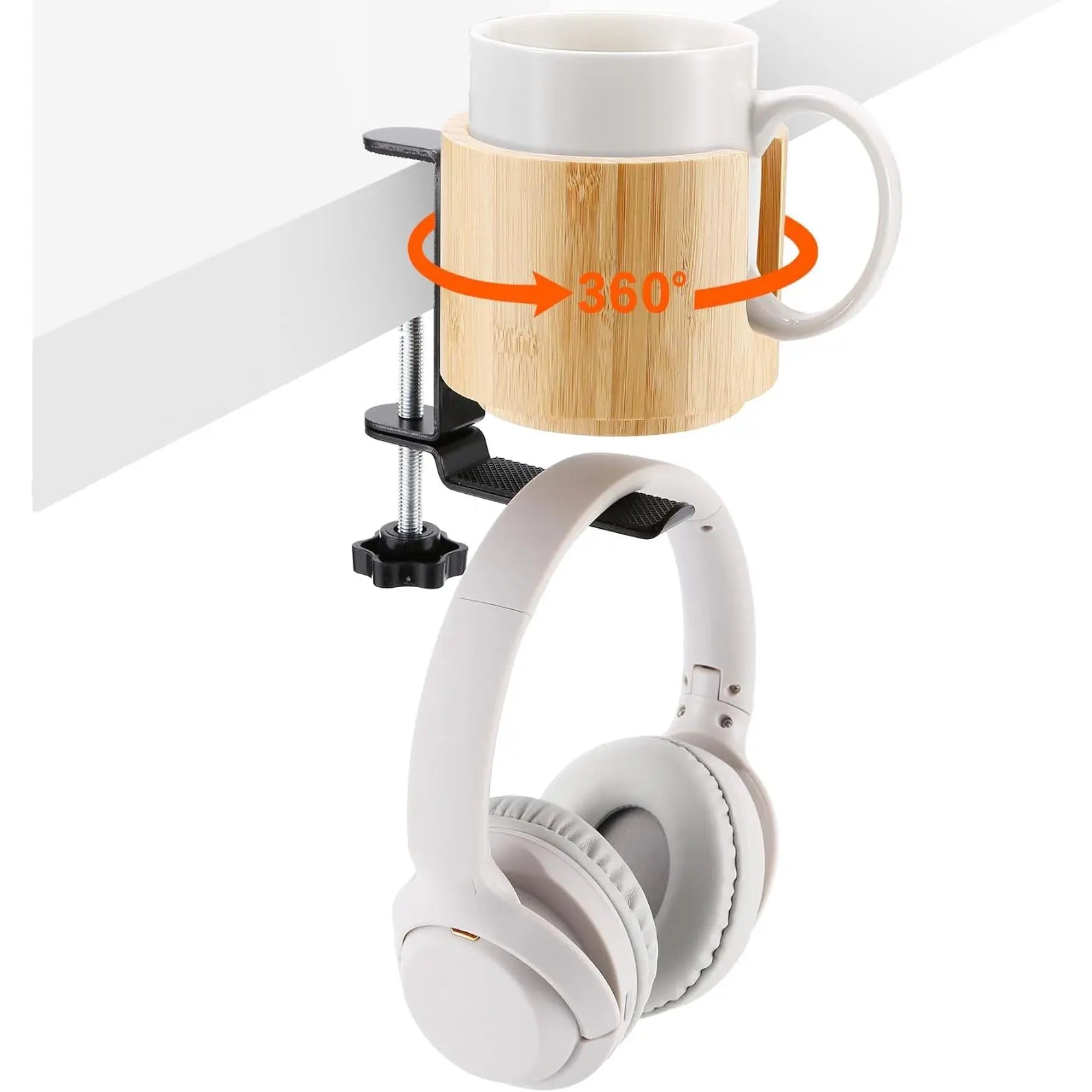 Desk Cup Holder, 2 in 1, 360 Rotating Headphone Hanger under Desk,