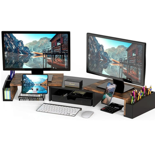 Desk Dual Monitor Stand Riser with Drawer Side Caddies and Ipad/Phone Holder