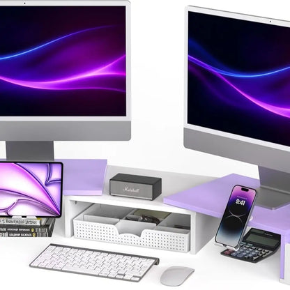 Desk Dual Monitor Stand Riser with Drawer Side Caddies and Ipad/Phone Holder