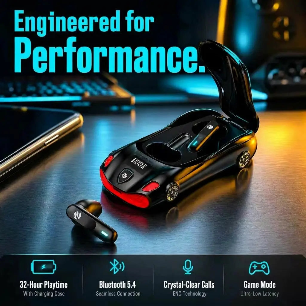 Sports Car Design Black Wireless Earbuds, Bluetooth 5.4 In-Ear Headphones with Low Latency & Long Battery Life, Portable Audio for Sports Daily Commute – Father‘S Day Gift for Dad