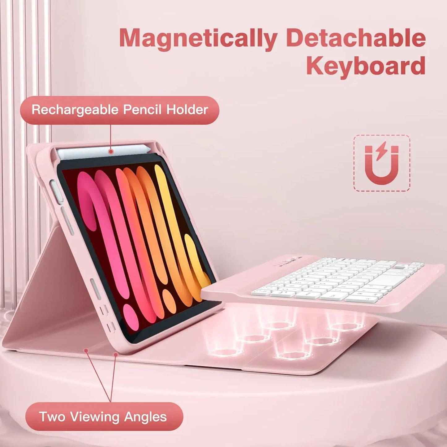 For Ipad Mini 7 Keyboard Case A17 Pro 2024/Ipad Mini 6 Generation Case with Keyboard 2021 8.3 Inch, Pencil Holder, 7 Color Backlit Detachable Keyboard Cover for Ipad Mini 7Th/6Th Gen,Pink