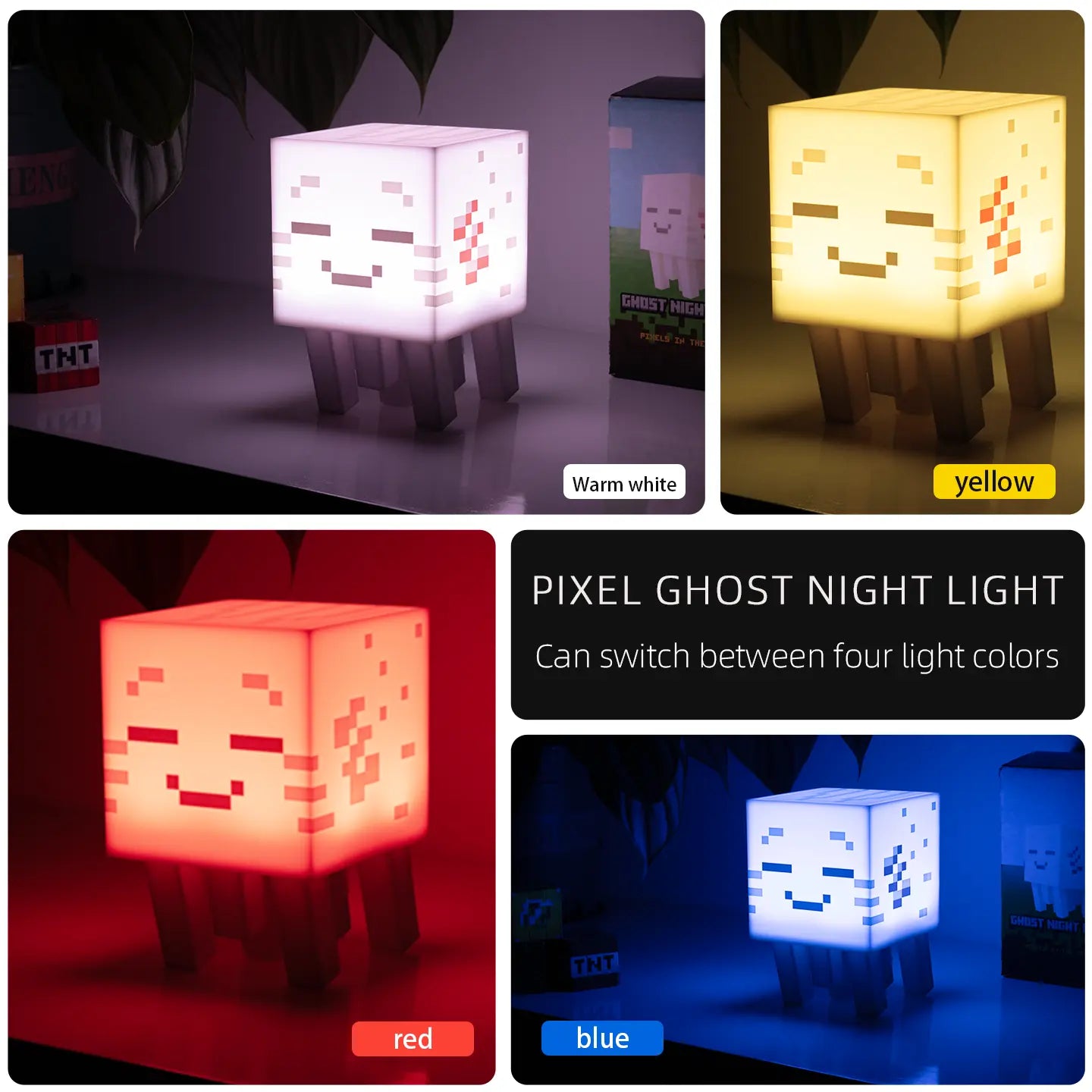 DIYCOM 3D Printed Pixel Ghost LED Night Light, Handmade Lamp with Four Solid Color Modes