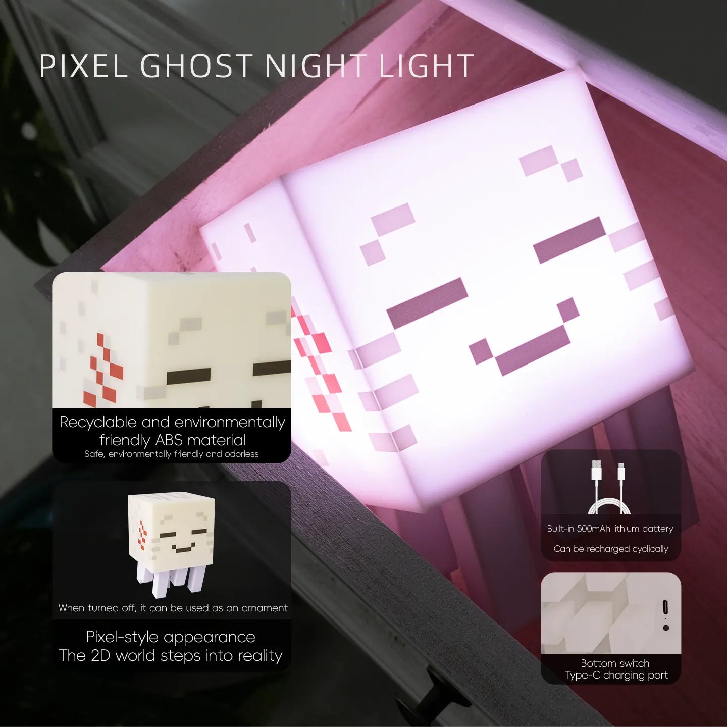 DIYCOM 3D Printed Pixel Ghost LED Night Light, Handmade Lamp with Four Solid Color Modes