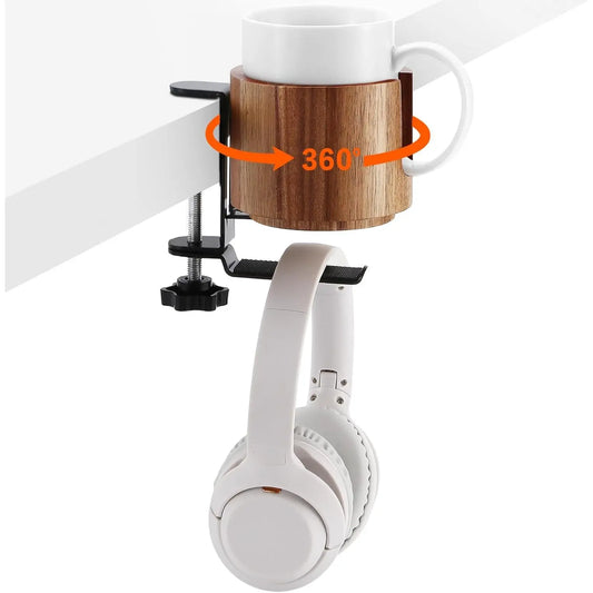 Acacia desk cup holder with 360 rotating headphone hanger and clamp-on under-desk mount