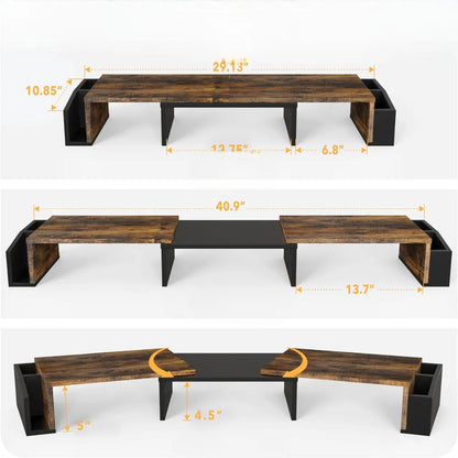 Desk Dual Monitor Stand Riser with Drawer Side Caddies and Ipad/Phone Holder