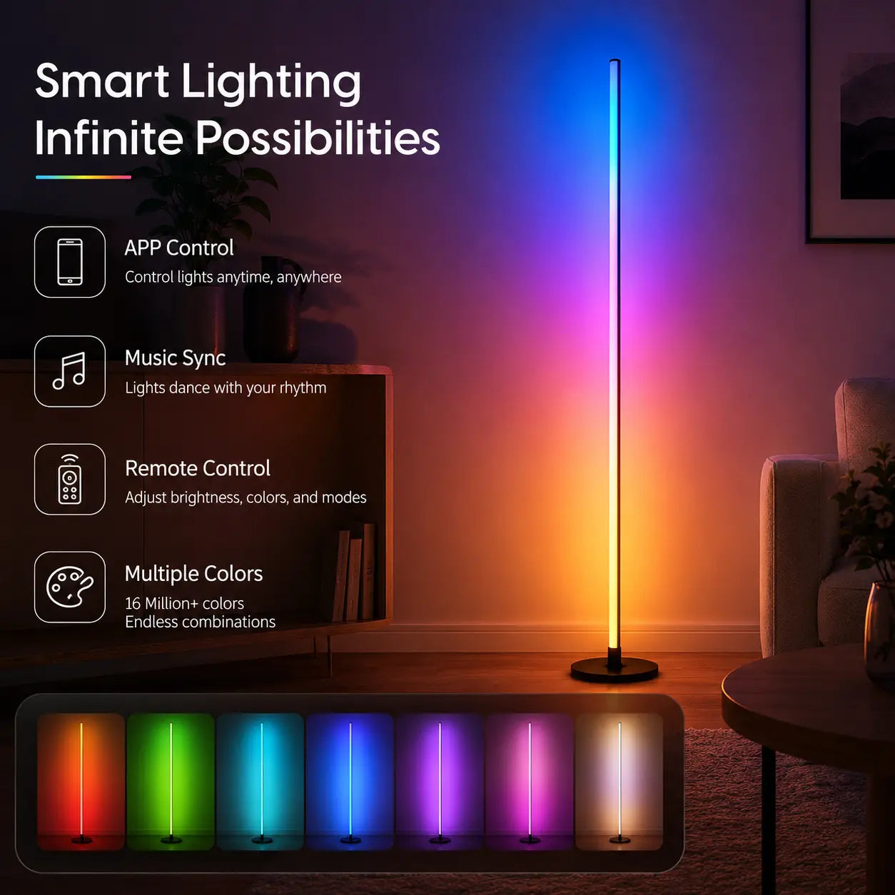 Smart RGB Floor Lamp with 16M Colors & Music Sync – App/Remote Controlled LED