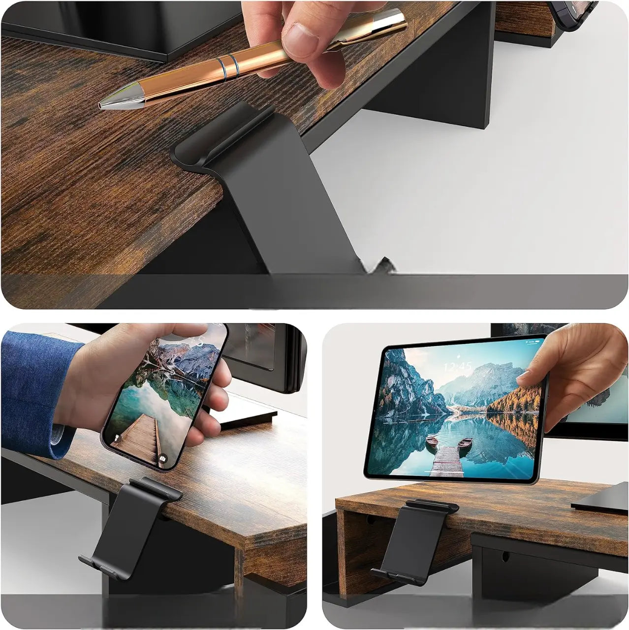Desk Dual Monitor Stand Riser with Drawer Side Caddies and Ipad/Phone Holder