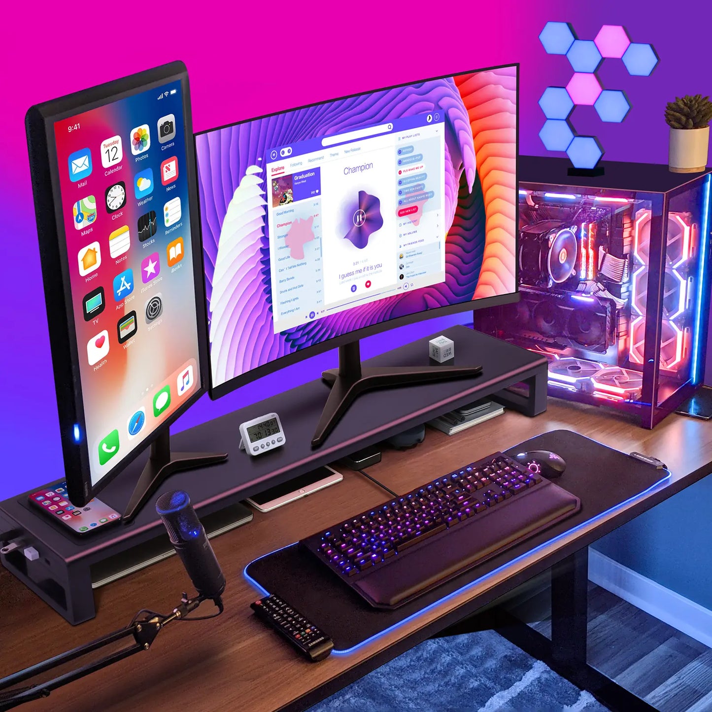 Dual Monitor Stand Aluminum Monitor Riser with Wireless Charging and 4 USB 3.0 Hub Ports 