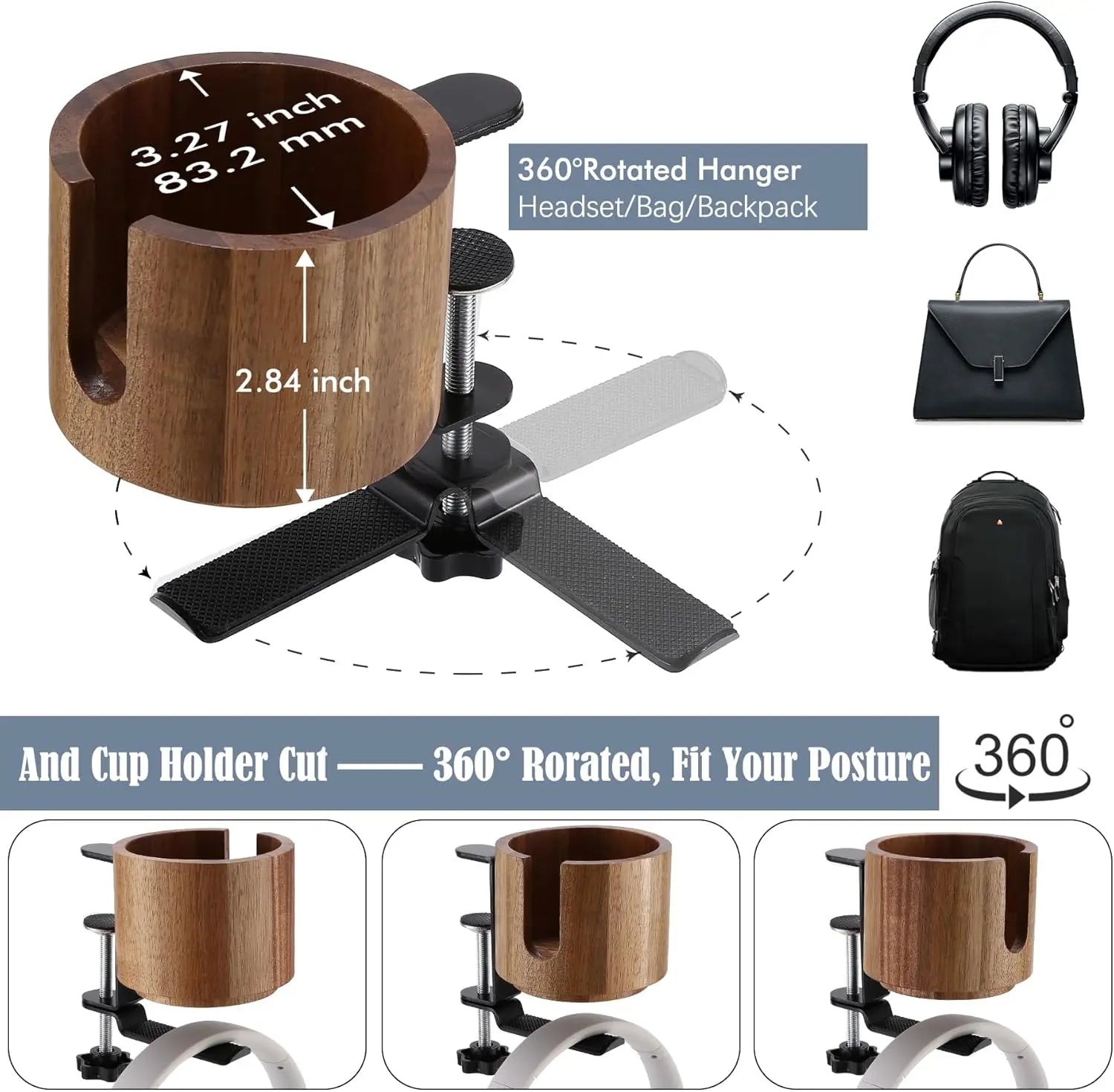 Desk Cup Holder, 2 in 1, 360 Rotating Headphone Hanger under Desk,