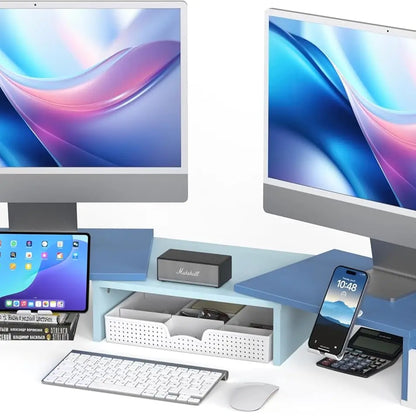 Desk Dual Monitor Stand Riser with Drawer Side Caddies and Ipad/Phone Holder
