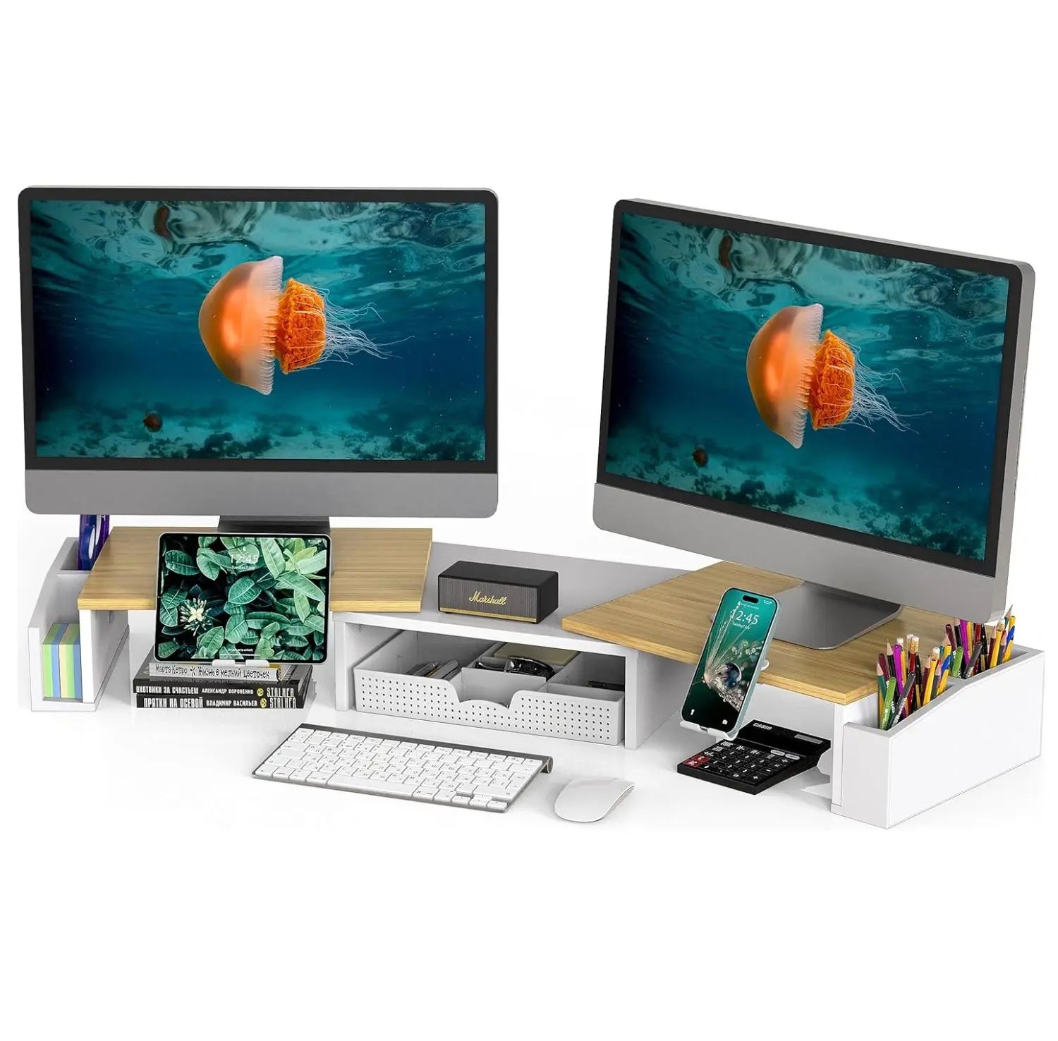 Desk Dual Monitor Stand Riser with Drawer Side Caddies and Ipad/Phone Holder
