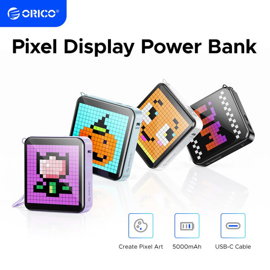 ORICO Mini DIY Pixel Screen Power Bank with Integrated Cable, 25W Fast Charging, and Custom Pixel Art Display – 10000Mah Compact Battery for Iphone & Android-Pc