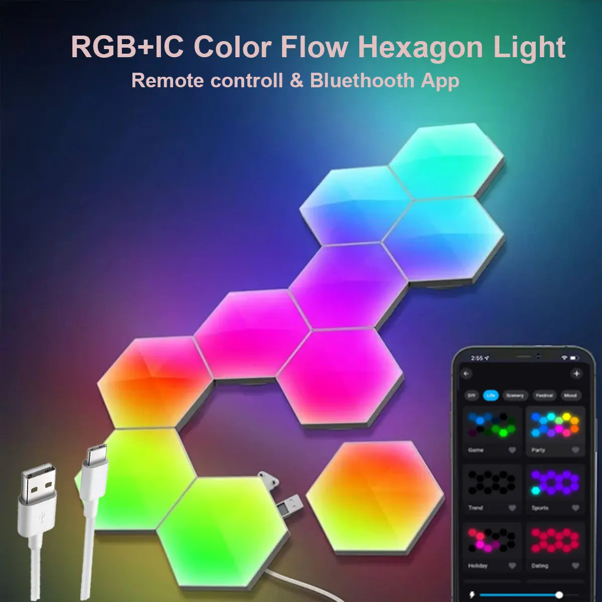 Smart Hexagon Lights DIY 8Pack LED Light App & Remote Controlled Music Sync