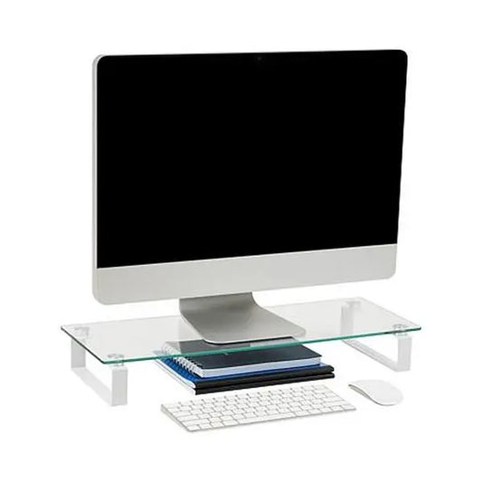 Mind Reader clear glass desktop monitor stand riser with transparent platform and non-skid protective feet