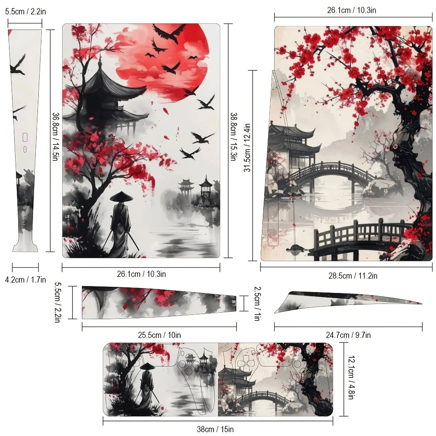 For PS5 & PS5 Slim All Models Console & Controller Skin Set - Crimson Sun Samurai Ink Art Theme | Premium Vinyl Wrap, Anti-Scratch, Console Accessories