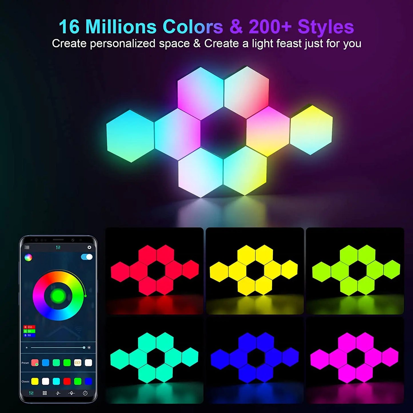 3-Piece Smart Hexagon RGB LED Panels - Color Changing Geometric Illuminated Novelty Lighting