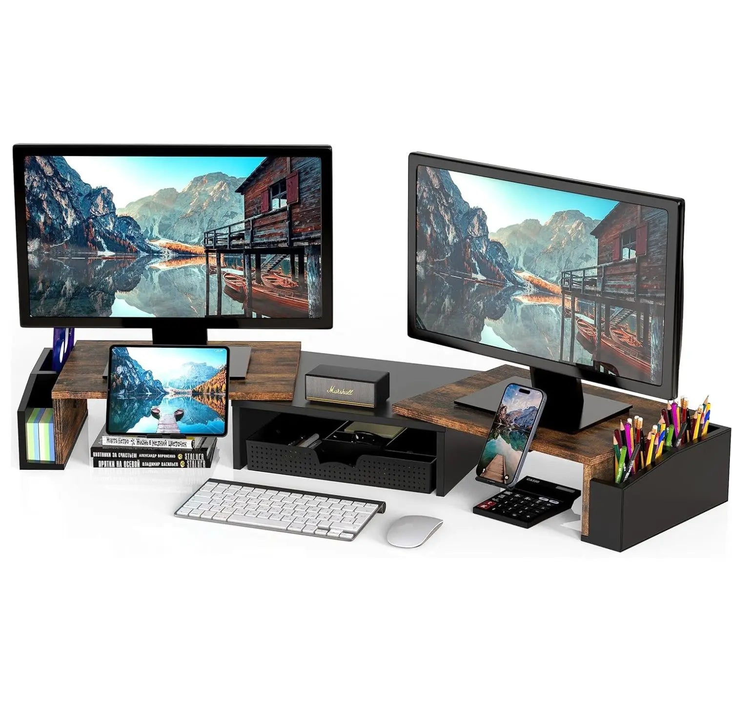 Desk Dual Monitor Stand Riser with Drawer Side Caddies and Ipad/Phone Holder