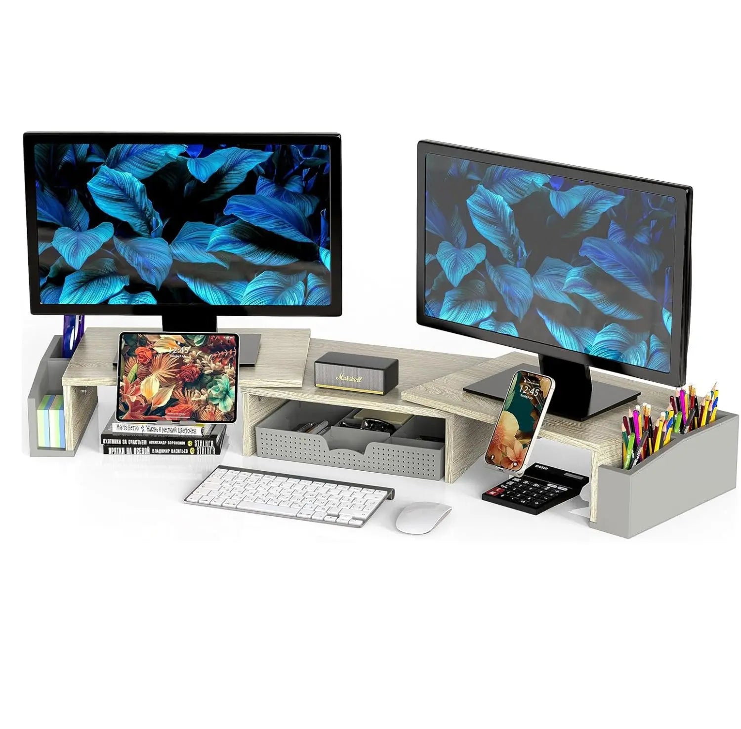 Desk Dual Monitor Stand Riser with Drawer Side Caddies and Ipad/Phone Holder