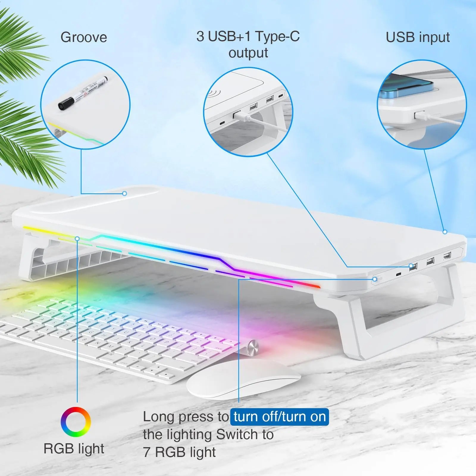 Monitor Stand with RGB Light, Monitor Riser with Keyboard Holder, Desktop Computer Stand, Desktop Storage Stand for Home Office, Dual Monitor Riser, Screen Stand