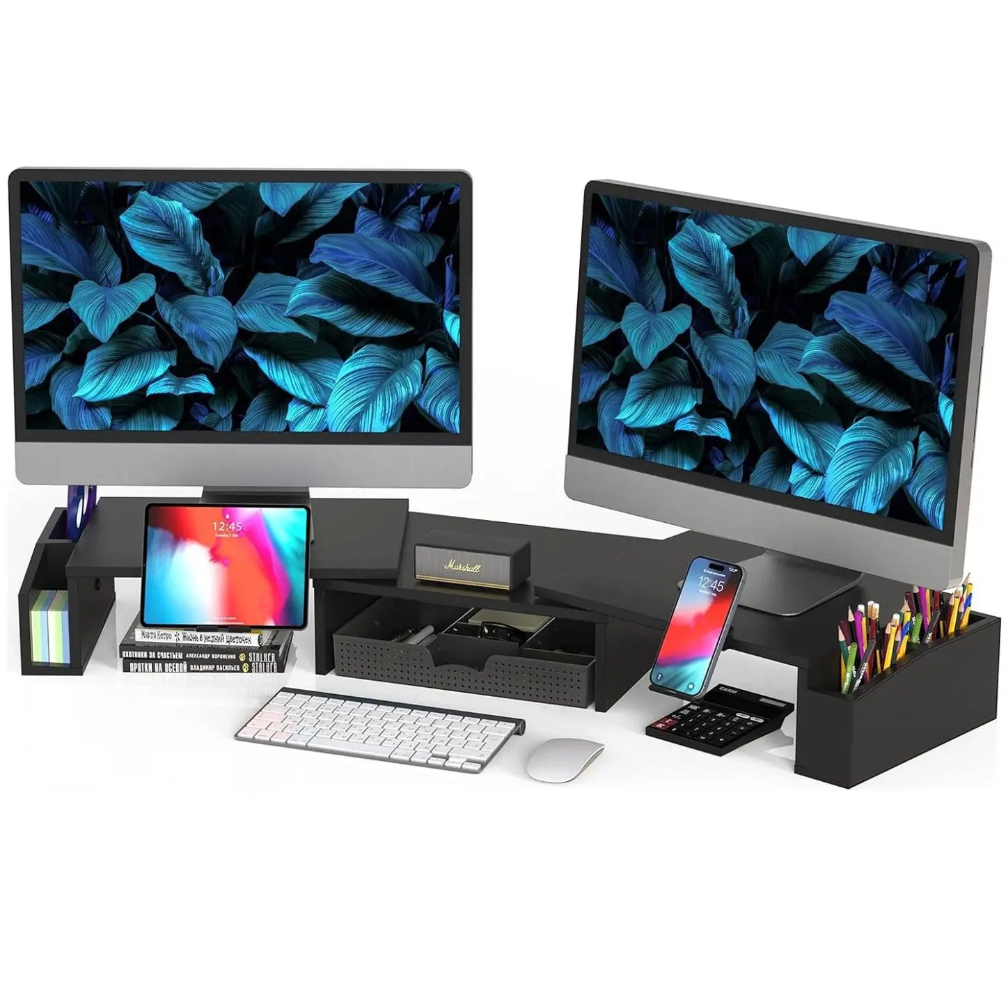 Desk Dual Monitor Stand Riser with Drawer Side Caddies and Ipad/Phone Holder