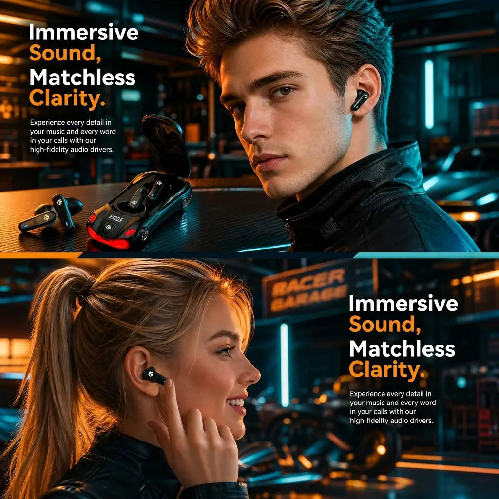 Sports Car Design Black Wireless Earbuds, Bluetooth 5.4 In-Ear Headphones with Low Latency & Long Battery Life, Portable Audio for Sports Daily Commute – Father‘S Day Gift for Dad