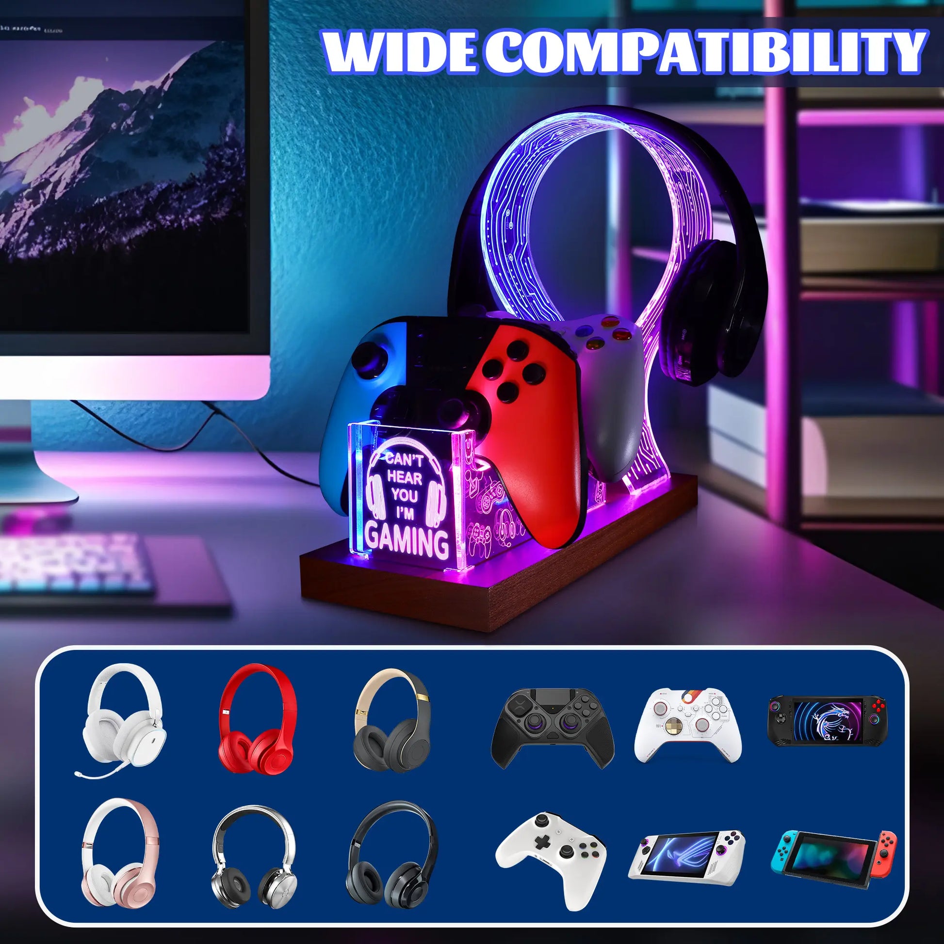 LED Gaming Headphone Stand with Controller Holder