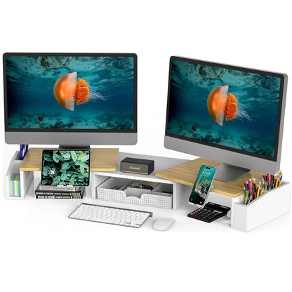 Desk Dual Monitor Stand Riser with Drawer Side Caddies and Ipad/Phone Holder