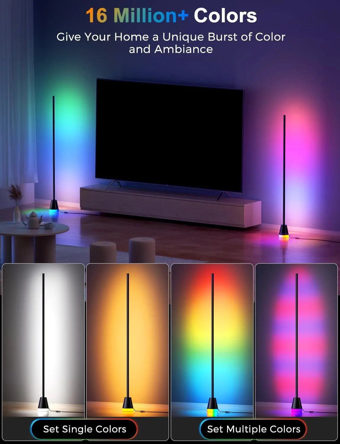 Smart RGB LED Corner Floor Lamp,172 Leds Bright Standing Lamps for Living Room with APP and Remote