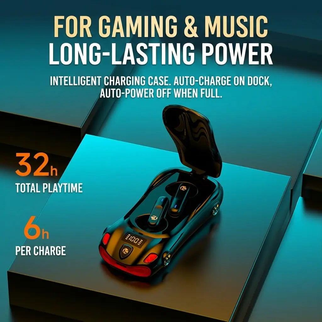 Sports Car Design Black Wireless Earbuds, Bluetooth 5.4 In-Ear Headphones with Low Latency & Long Battery Life, Portable Audio for Sports Daily Commute – Father‘S Day Gift for Dad