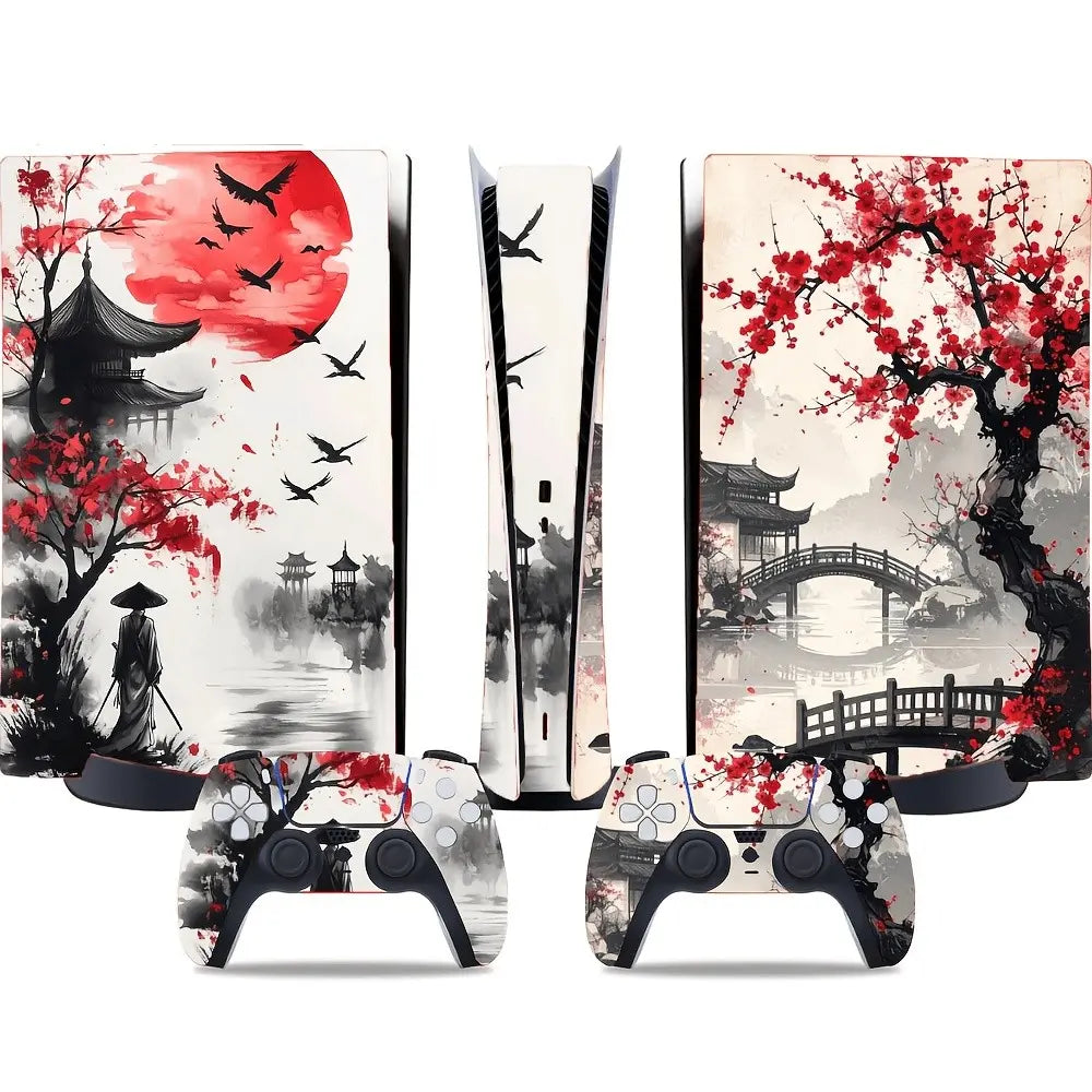 For PS5 & PS5 Slim All Models Console & Controller Skin Set - Crimson Sun Samurai Ink Art Theme | Premium Vinyl Wrap, Anti-Scratch, Console Accessories