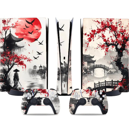 For PS5 & PS5 Slim All Models Console & Controller Skin Set - Crimson Sun Samurai Ink Art Theme | Premium Vinyl Wrap, Anti-Scratch, Console Accessories