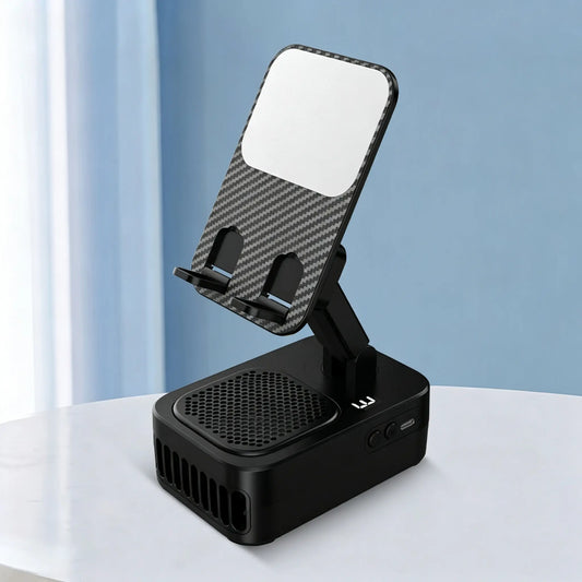 5-In-1 Wireless Induction Stereo Speaker Stand - USB Type-C Battery-Powered Portable Bluetooth Speaker, 360° Adjustable Mobile/Smartphone/Tablet Holder, Rechargeable Desk Fan, Ideal for Office, Travel, Gifts for Women