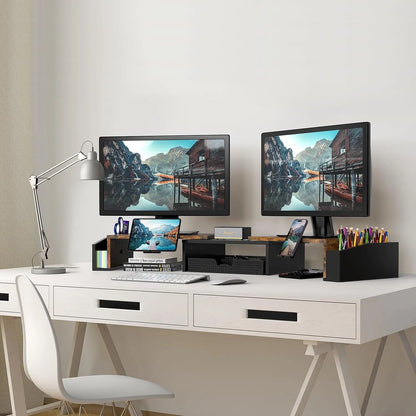 Desk Dual Monitor Stand Riser with Drawer Side Caddies and Ipad/Phone Holder